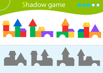 Shadow Game for kids. Match the right shadow. Toy pyramids. Worksheet vector design for children