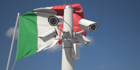 Naklejka na ściany i meble Flag of Italy and four security cameras, 3d rendering