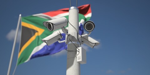 Naklejka na ściany i meble Flag of South Africa and four security cameras, 3d rendering
