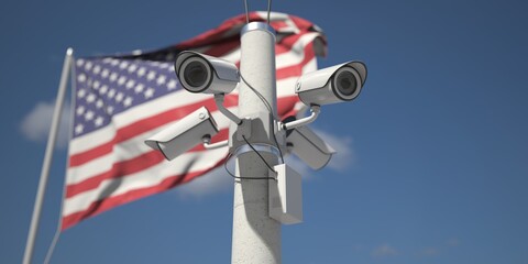 Waving flag of the USA and the security cameras on the pole. 3d rendering