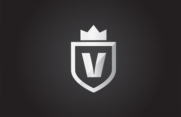 V alphabet letter logo icon in grey and black color. Shield design for company identity with king crown