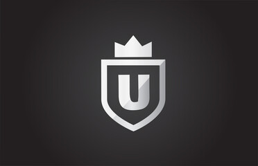 U alphabet letter logo icon in grey and black color. Shield design for company identity with king crown