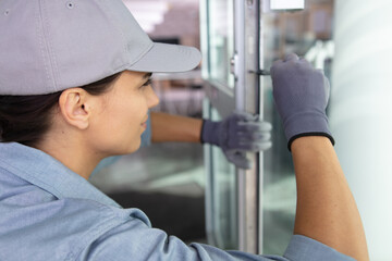 young woman unscrews the fixing screws of the window handle