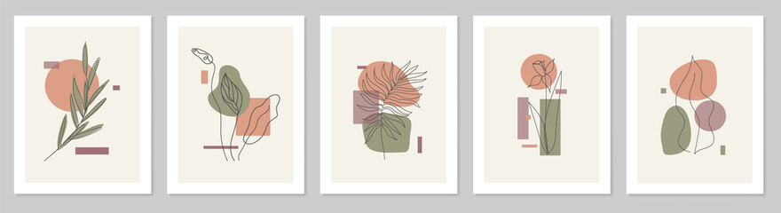 Floral wall art set. Botanical line art with abstract shapes.Vector illustration in a minimalistic style.