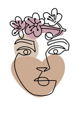 Line woman face portrait with spring flowers, creative freehand composition in contemporary abstract style with colorful geometric shapes. Linear illustration design for print, card, poster.