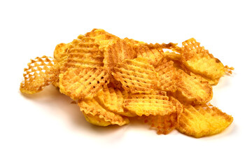 Pile of ridged potato chips or crisps, isolated on white background. High resolution image