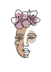 Line woman face portrait with spring flowers, creative freehand composition in contemporary abstract style with colorful geometric shapes. Linear illustration design for print, card, poster.