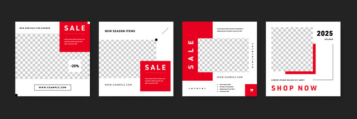 red social media layouts with sale thematics for vendors, business graphic design for instagram and facebook, selling products promotion