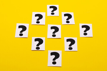 a question mark on a white sheet . FAQ frequency asked questions, Answer, Information and Brainstorming Concepts