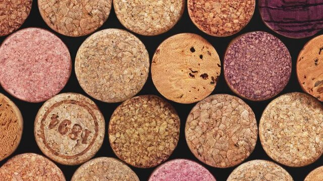 The movement of various wooden wine corks as a background. 