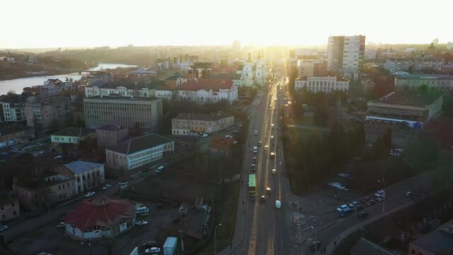 The Vinnytsia cityscape in the winter aerial sunset view.