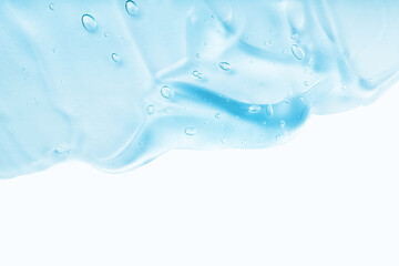 Cream gel blue transparent cosmetic sample with bubbles isolated on white background. Face serum...