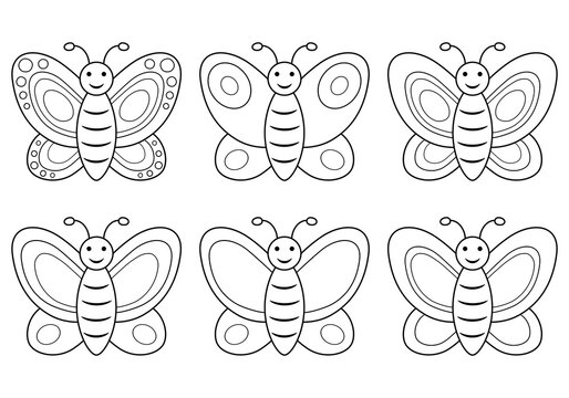 Butterfly outline icon set. Happy butterflies line collection. Coloring book page for children. Vector illustration isolated on white background.