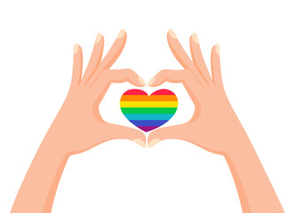 Hands make heart signwith LGBT rainbow color. Love is love. Pride concept. Vector illustration