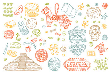 Mexico Vector set. Mexican items - Hand drawn doodle Mexican sights, cultural artifacts, Day of the Dead Attributes, patterns, food