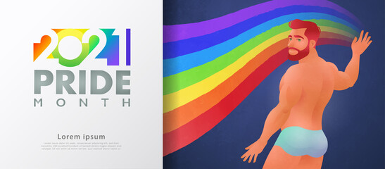 Colorful LGBT pride month banner for 2021. Muscle male flat character painting rainbow to represent LGBT rights and movements background. Vector illustration