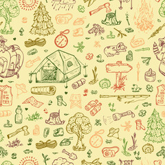 Tourism Seamless pattern. Hand drawn doodle Camping Elements - vector illustration