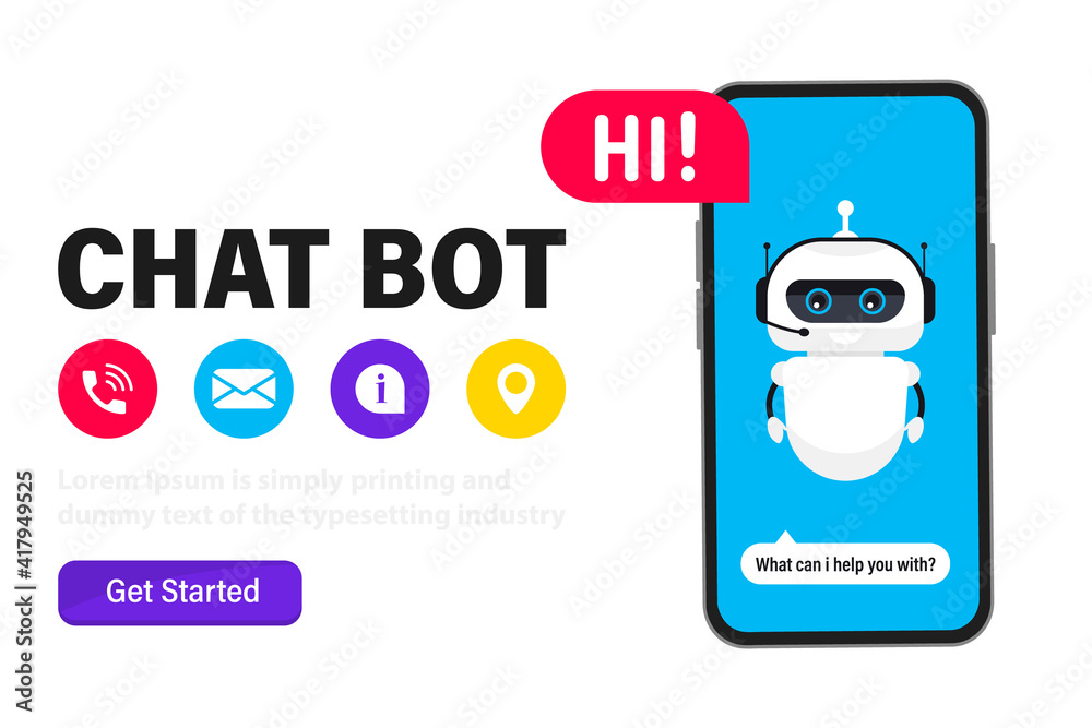 Poster chatbot in a smartphone screen, web banner. chat bot in phone. artificial intelligence. help service