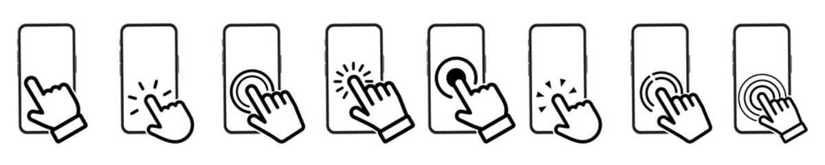 Obraz premium Set of smartphone Touch screen icons. Hand on touch screen smartphone. Click on the smartphone. Smartphone screen with hand touching. Cell Phone with click cursor.