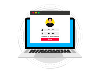 Login form on a computer. Online registration. Sign in to account. User authorization in a window on the laptop. login authentication page concept. Laptop with login and password form page on screen