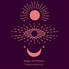 Esoteric symbol of opening of third eye of soul, moon, sun and stars. Illustration of magic session, look into future, connection with universe. Vector drawing for tarot cards, groups, web pages.