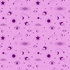 Set of magical items of alchemy and esotericism, stars, planets, sun, moon, third eye. Process of influence of space on fate of person, fortune telling and cards. Seamless vector pattern of tarot card
