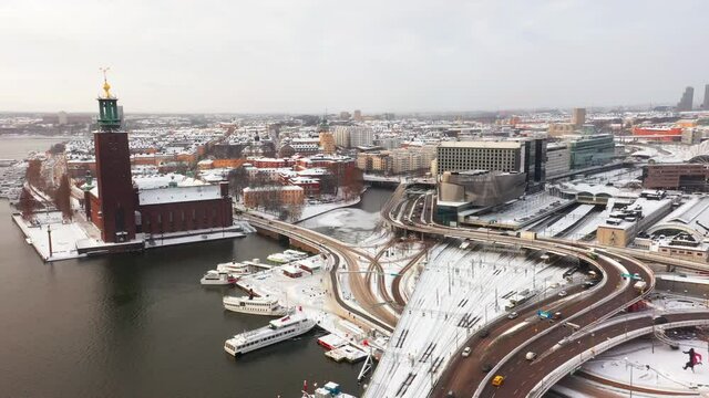 Stockholm from above, aerial footage of City Hall and center