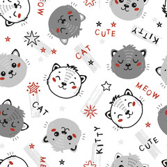 Vector Cute Cats Seamless Pattern. Childish Background with Little Kitten Heads. Baby Animals Drawing for Tee Print for Kids
