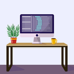 Work from home workplace and coding. Remote worker, employee schedule, flexible schedule concept. Flat design.