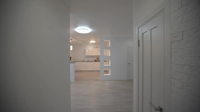 Overview of interior apartment, lounge and kitchen empty