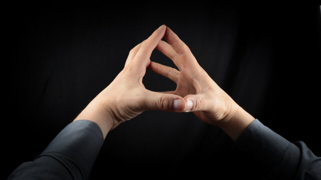 male hands gesture concentration and constructiveness, hands form a roof with a gesture