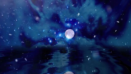 Snowing over Full Moon Water Reflection