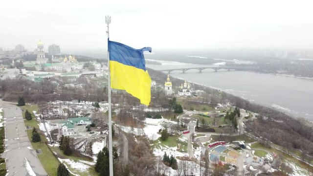 Huge National flag of Ukraine aerial drpone view