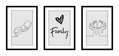 Three different design minimalist poster for family in black frame with daily typography quotes - vector