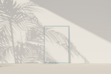 Picture frame mockup with white paper, tropical leaves shadow. 3D rendering template in minimal style.