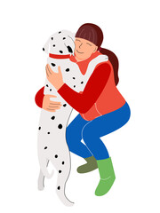 Girl hugging dalmatian dog isolated on white background. Vector illustration.