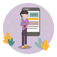 News concept. Man holding a red cup and reading world news on the phone. Vector illustration on purple background. Flat design.