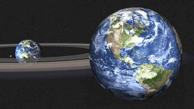 Planet Earth and moon with Saturn ring in outer space. 3d render illustration. Elements of this image furnished by NASA.