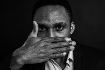 black and white, Young man in African American suit standing in front of camera with hand in front as stop sign, on dark background. Selective focus. Sign language