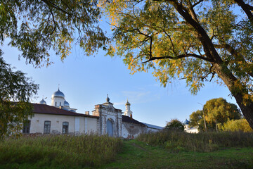 Veliky Novgorod, Russia. Yuriev monastery. View through the autumn tree branches 