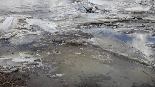 Breaking ice floes near river shore on water stream, seasonal spring ice drift view