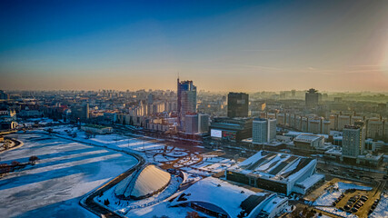 Aerial panorama of historical center of Minsk with modern and old buildings. Travel concept. Birds...