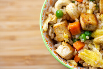 Close Up Top View of  Bowl of Tofu Cashew Fried Rice