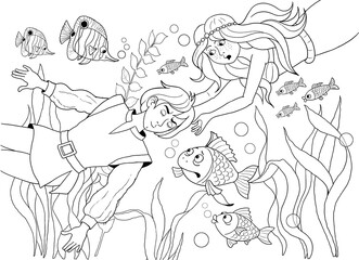 The little mermaid. Fairy tale. Coloring page. Illustration for children. Cute and funny cartoon characters