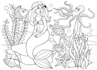 The little mermaid. Fairy tale. Coloring page. Illustration for children. Cute and funny cartoon characters