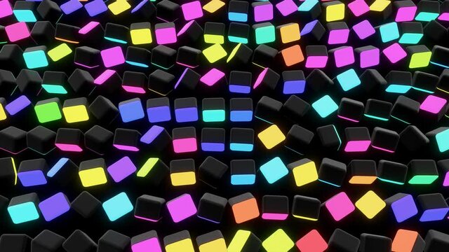 4r loop dark background with abstract blocks on plane like devices with screen lighting with multicolor neon light. Bg for festive show or holiday events, concerts, music videos, VJ for night clubs.
