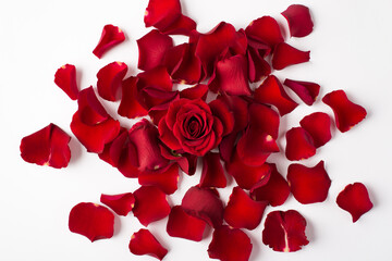 Photo overhead of roses and petals isolated on the white background