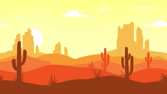 Moving landscape with desert and cactus. Looped animation background in flat style. 4k stock footage