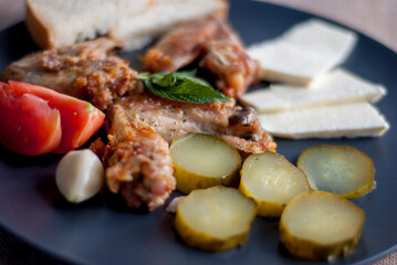 Sliced ​​bread meat and vegetables close-up.
