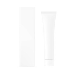 Blank plastic tube mockup with box. Vector illustration isolated on white background. Can be use for your design, advertising, promo and etc. EPS10.	